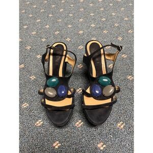 Marni Platform Suede Sandals W/stones Italy 37 Womens 6.5 Ankle Heel‎ Strap Navy